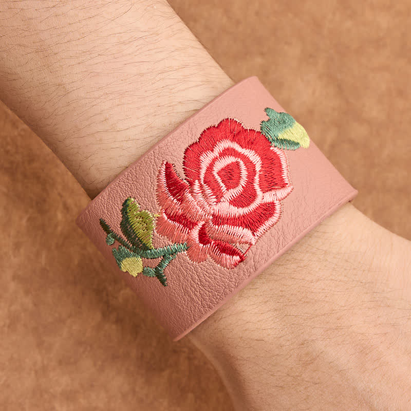 Buddha Stones Leather Embroidered Rose Wide Protection Buckle Bracelet - image 18