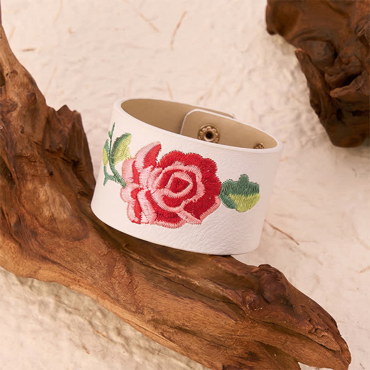 Buddha Stones Leather Embroidered Rose Wide Protection Buckle Bracelet - image 24