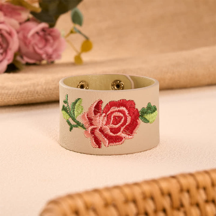 Buddha Stones Leather Embroidered Rose Wide Protection Buckle Bracelet - Beige Pink(Wrist Circumference: Approx. 5.9–7.1 in / 15–18 cm) - image 7