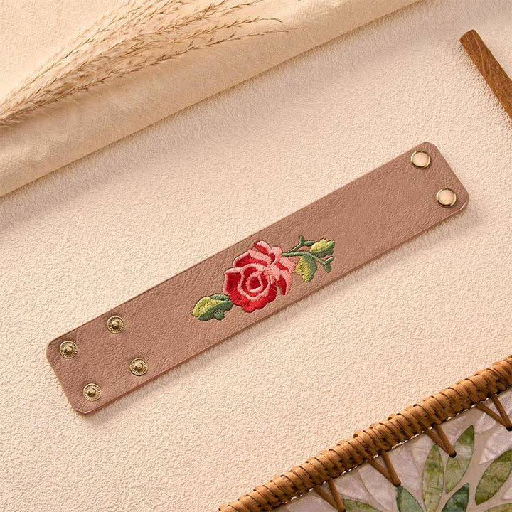 Buddha Stones Leather Embroidered Rose Wide Protection Buckle Bracelet - image 19