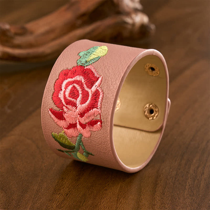 Buddha Stones Leather Embroidered Rose Wide Protection Buckle Bracelet - image 16