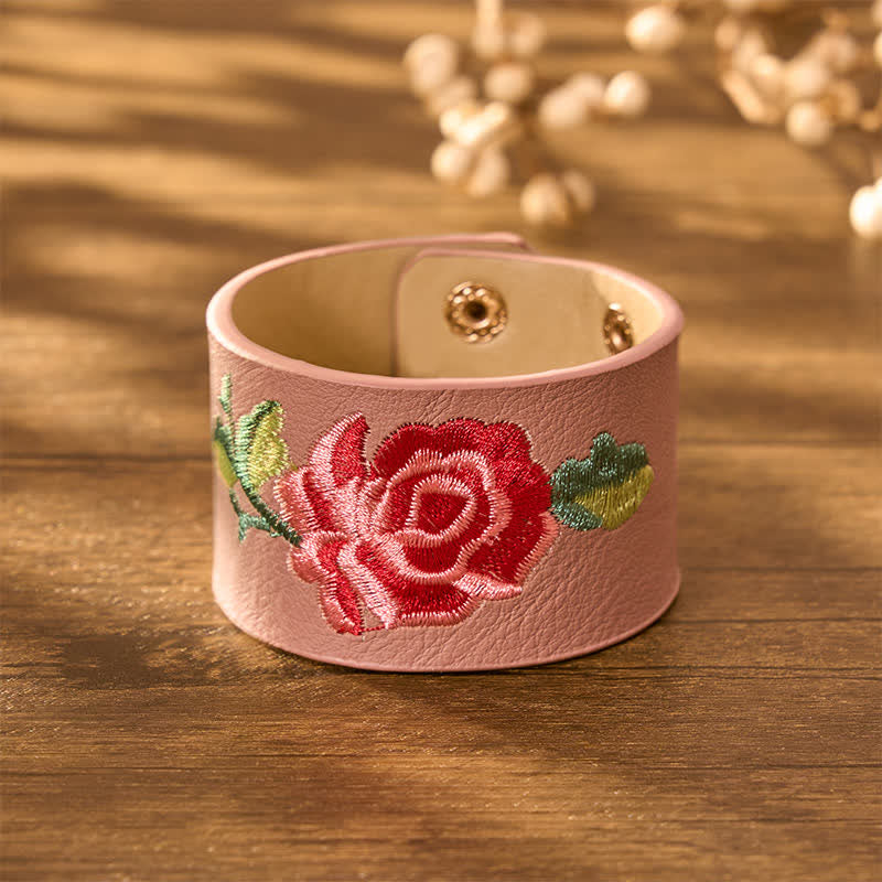 Buddha Stones Leather Embroidered Rose Wide Protection Buckle Bracelet - image 15