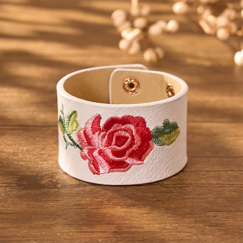 Buddha Stones Leather Embroidered Rose Wide Protection Buckle Bracelet - image 22