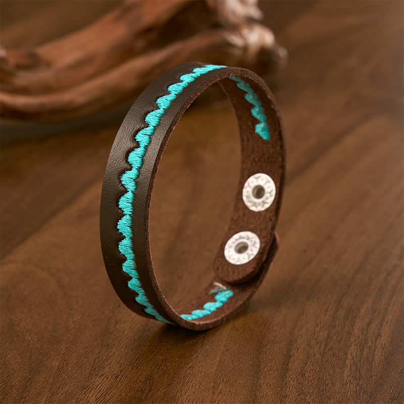 Buddha Stones Adjustable Leather Love Heart Embroidered Protection Buckle Bracelet - Blue(Wrist Circumference: Approx. 6.7–7.5 in / 17–19 cm) - image 0