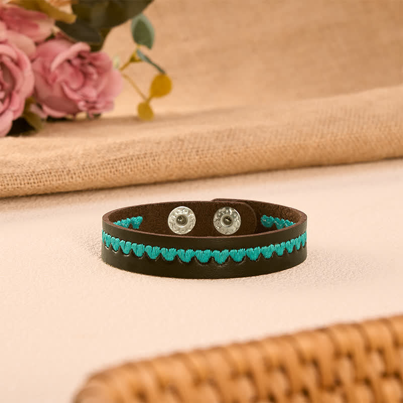 Buddha Stones Adjustable Leather Love Heart Embroidered Protection Buckle Bracelet - image 2