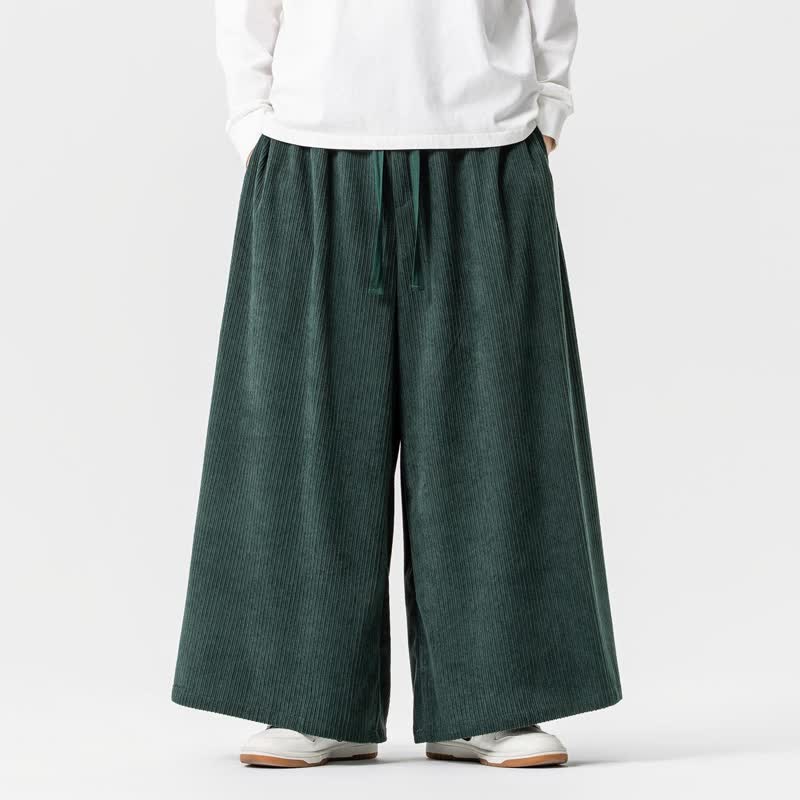 Buddha Stones Fall Winter Simple Classic Drawstring Solid Corduroy Ankle Pants Men's Wide Leg Pants With Pockets - DarkGreen - US/UK/AU46，EU56 (5XL) - image 19