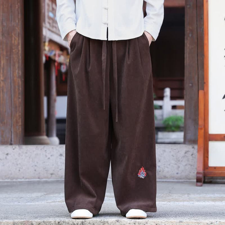 Buddha Stones Fall Winter Casual Vintage Drawstring Embroidery Solid Long Pants Men's Straight Leg Pants With Pockets - SaddleBrown - US/UK/AU46，EU56 (5XL) - image 0