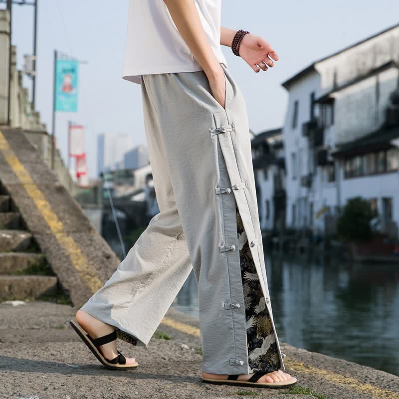 Buddha Stones Spring Summer Casual Tang Style Crane Side Slit Long Pants Men's Straight Leg Pants With Pockets - LightGray - US/UK/AU46，EU56 (5XL) - image 18