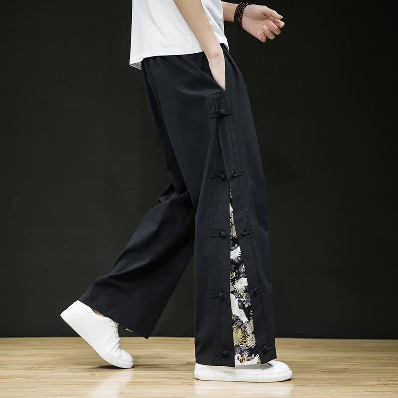 Buddha Stones Spring Summer Casual Tang Style Crane Side Slit Long Pants Men's Straight Leg Pants With Pockets - Black - US/UK/AU46，EU56 (5XL) - image 0