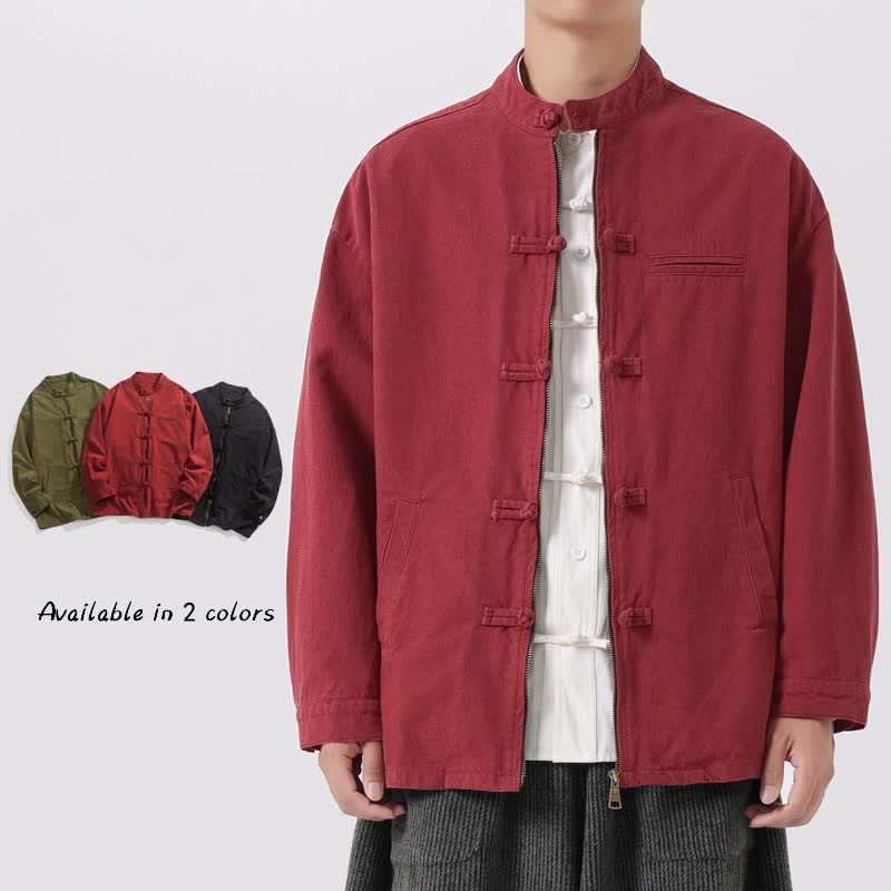 Buddha Stones Fall Winter Casual Vintage Tang Style Mandarin Collar Frog Button Zipper Design Solid Men's Jacket With Pockets - FireBrick - US/UK/AU46，EU56 (5XL) - image 9