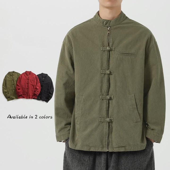 Buddha Stones Fall Winter Casual Vintage Tang Style Mandarin Collar Frog Button Zipper Design Solid Men's Jacket With Pockets - DarkOliveGreen - US/UK/AU46，EU56 (5XL) - image 16