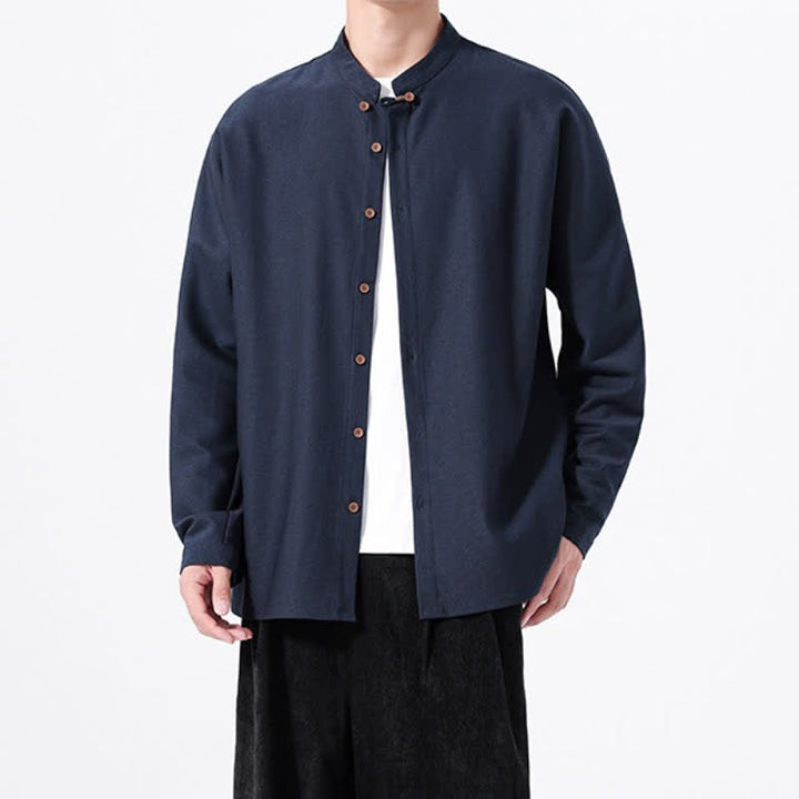 Buddha Stones Spring Casual Tang Style Button-Up Solid Men's Long Sleeve Shirts - Navy - US/UK/AU46，EU56 (5XL) - image 0