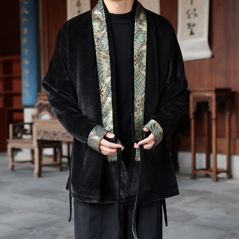 Buddha Stones Fall Winter Tang Style Vintage Drawstring Waves Trim Men's Kimono - image 1