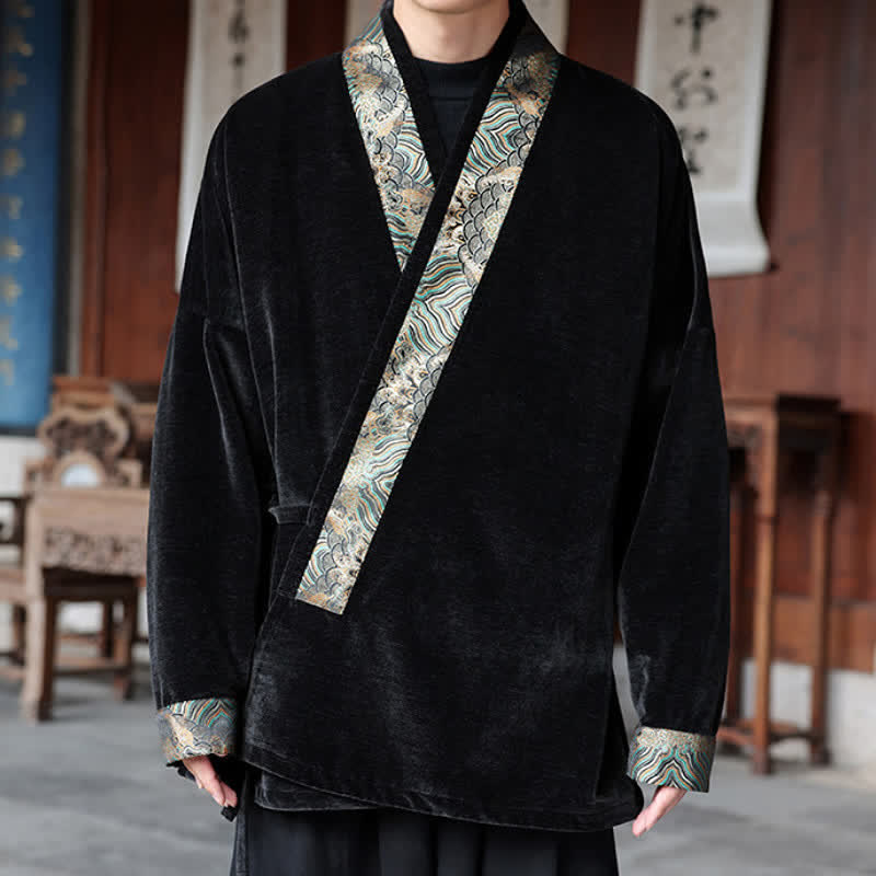 Buddha Stones Fall Winter Tang Style Vintage Drawstring Waves Trim Men's Kimono - image 2