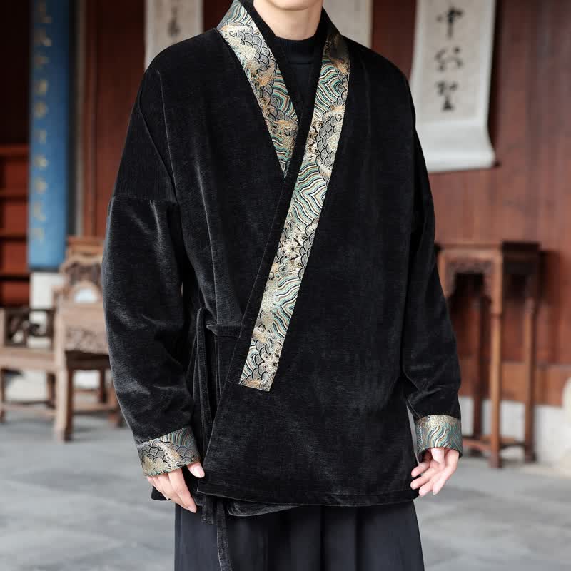 Buddha Stones Fall Winter Tang Style Vintage Drawstring Waves Trim Men's Kimono - Black - US/UK/AU46，EU56 (5XL) - image 0