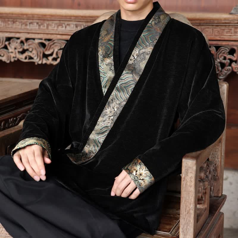 Buddha Stones Fall Winter Tang Style Vintage Drawstring Waves Trim Men's Kimono - image 7