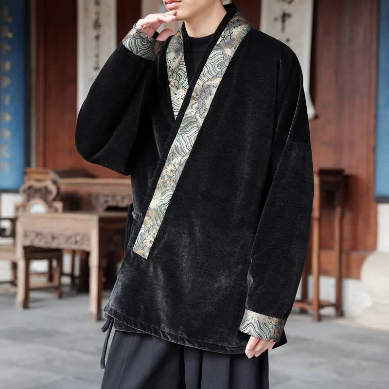 Buddha Stones Fall Winter Tang Style Vintage Drawstring Waves Trim Men's Kimono - image 5