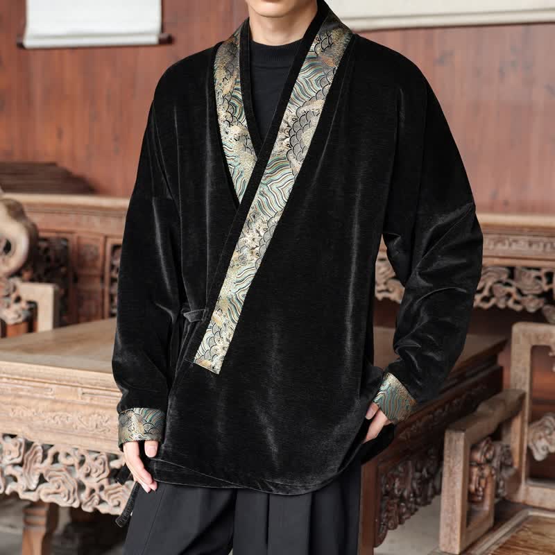 Buddha Stones Fall Winter Tang Style Vintage Drawstring Waves Trim Men's Kimono - image 4