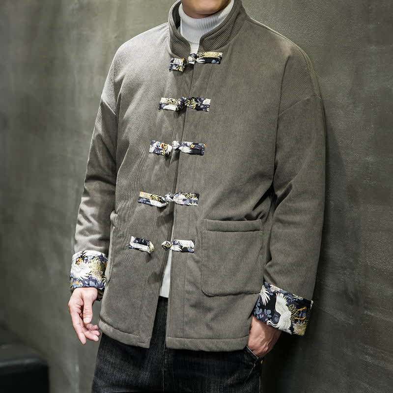Buddha Stones Fall Winter Casual Tang Style Mandarin Collar White Crane Solid Men's Jacket With Pockets - SlateGray - US/UK/AU46，EU56 (5XL) - image 0