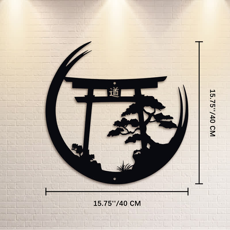 Buddha Stones Matte Black Torii And Pine Metal Meaningful Symbols Wall Art - Approx. 40cm x 40cm x 0.1cm / 15.75in x 15.75in x 0.04in - image 8