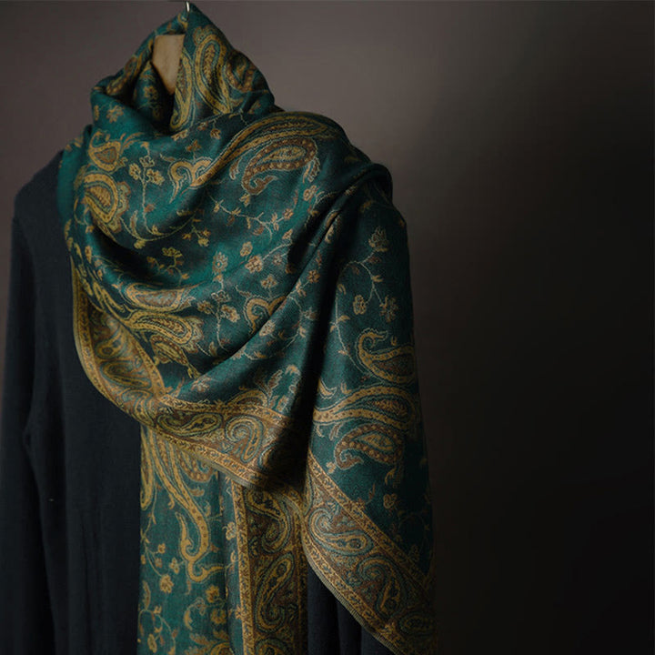 Buddha Stones Tibetan Cashew Flower Vine Print Tassels Shawl Fall Winter Soft Scarf Wrap - Dark Green - image 0