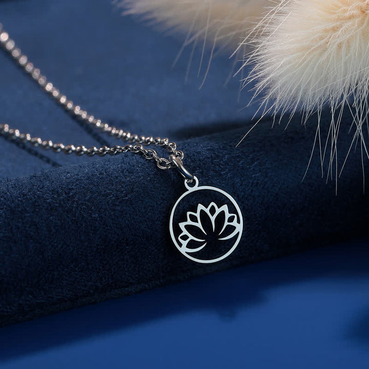 Buddha Stones Round Cutout Lotus Titanium Steel Protection and Enlightenment Necklace - Steel - image 0