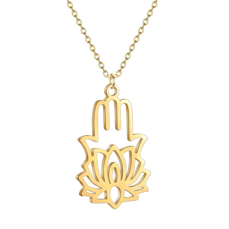 Buddha Stones Titanium Steel Lotus Hamsa Hand Protection Necklace - image 5