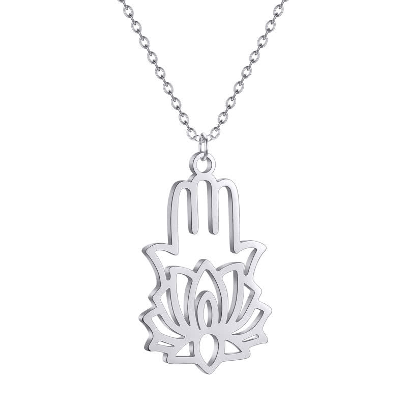 Buddha Stones Titanium Steel Lotus Hamsa Hand Protection Necklace - image 2