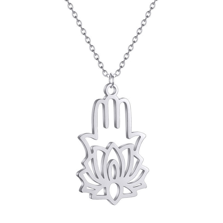 Buddha Stones Titanium Steel Lotus Hamsa Hand Protection Necklace - image 2