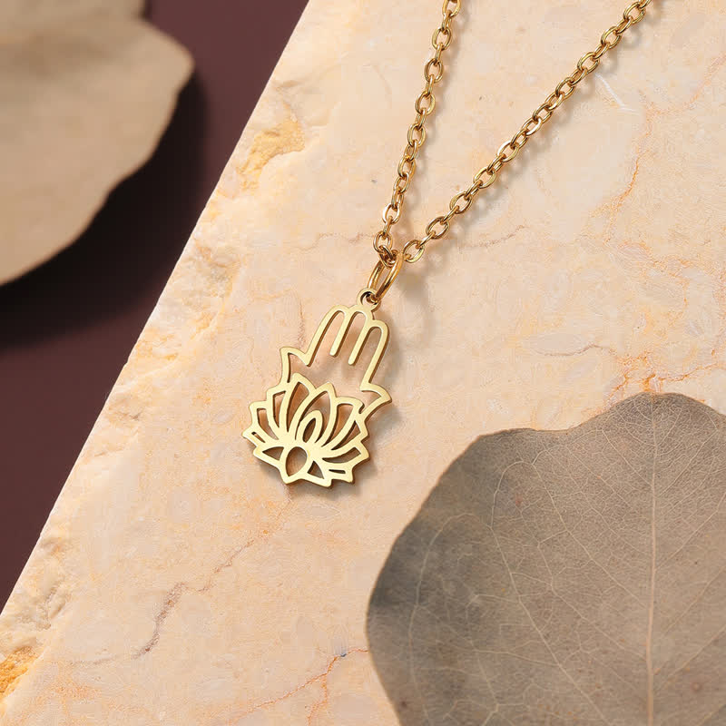 Buddha Stones Titanium Steel Lotus Hamsa Hand Protection Necklace - image 4