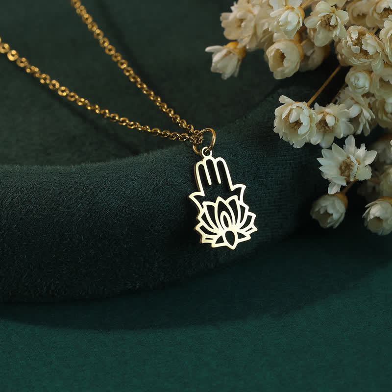 Buddha Stones Titanium Steel Lotus Hamsa Hand Protection Necklace - Gold - image 3