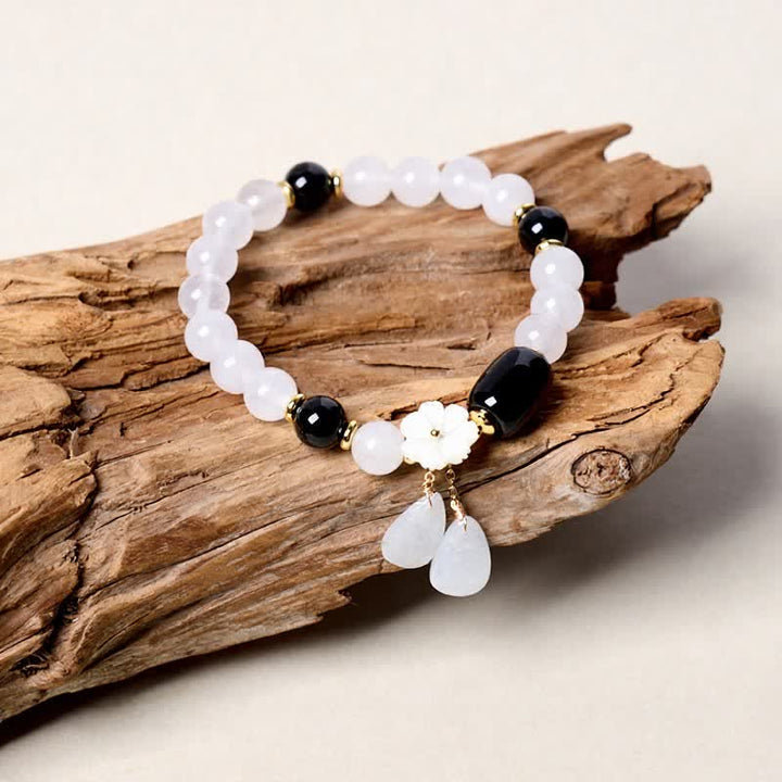 Buddha Stones Elegant White Chalcedony Black Agate Floral Drop Bracelet - Black Onyx(Protection ♥ Fortune) - image 0