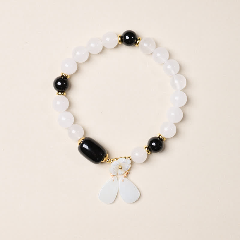 Buddha Stones Elegant White Chalcedony Black Agate Floral Drop Bracelet - image 1