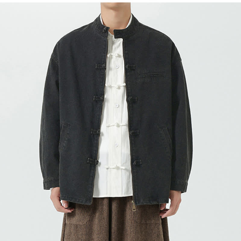 Buddha Stones Fall Winter Casual Vintage Tang Style Mandarin Collar Frog Button Zipper Design Solid Men's Jacket With Pockets - image 5