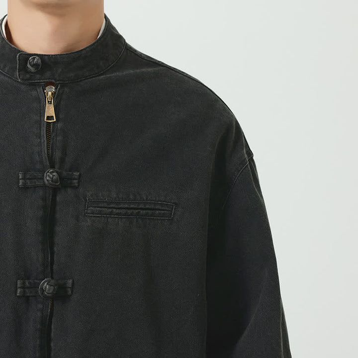 Buddha Stones Fall Winter Casual Vintage Tang Style Mandarin Collar Frog Button Zipper Design Solid Men's Jacket With Pockets - image 8