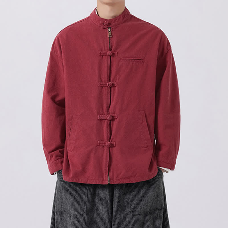 Buddha Stones Fall Winter Casual Vintage Tang Style Mandarin Collar Frog Button Zipper Design Solid Men's Jacket With Pockets - image 10