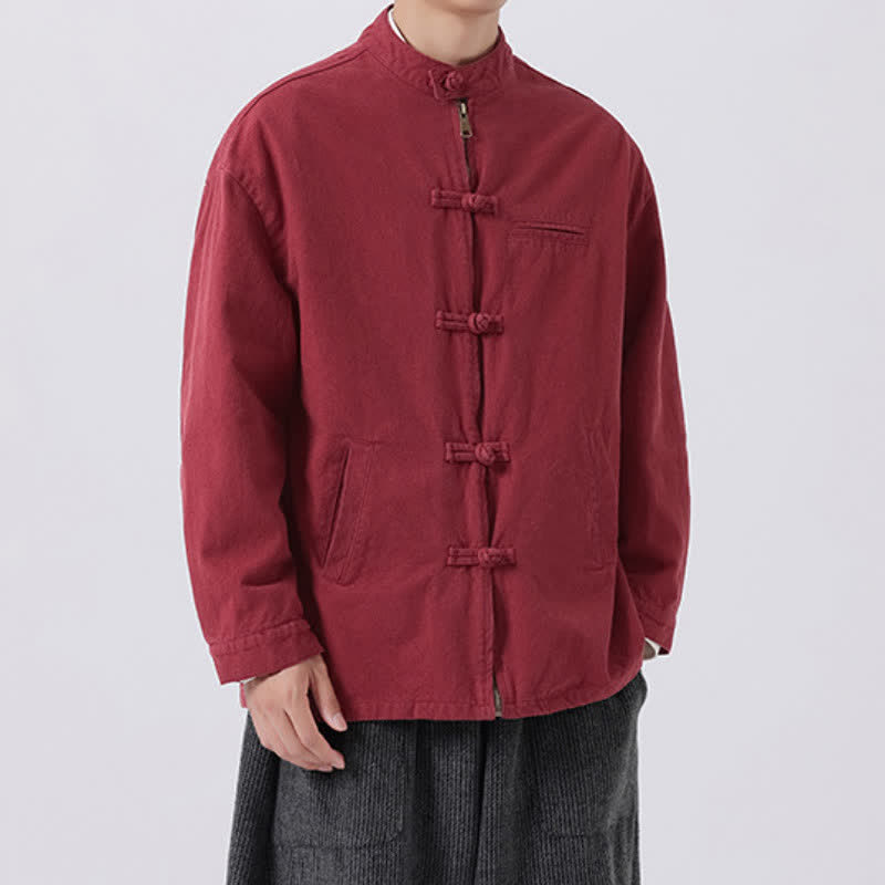 Buddha Stones Fall Winter Casual Vintage Tang Style Mandarin Collar Frog Button Zipper Design Solid Men's Jacket With Pockets - image 12