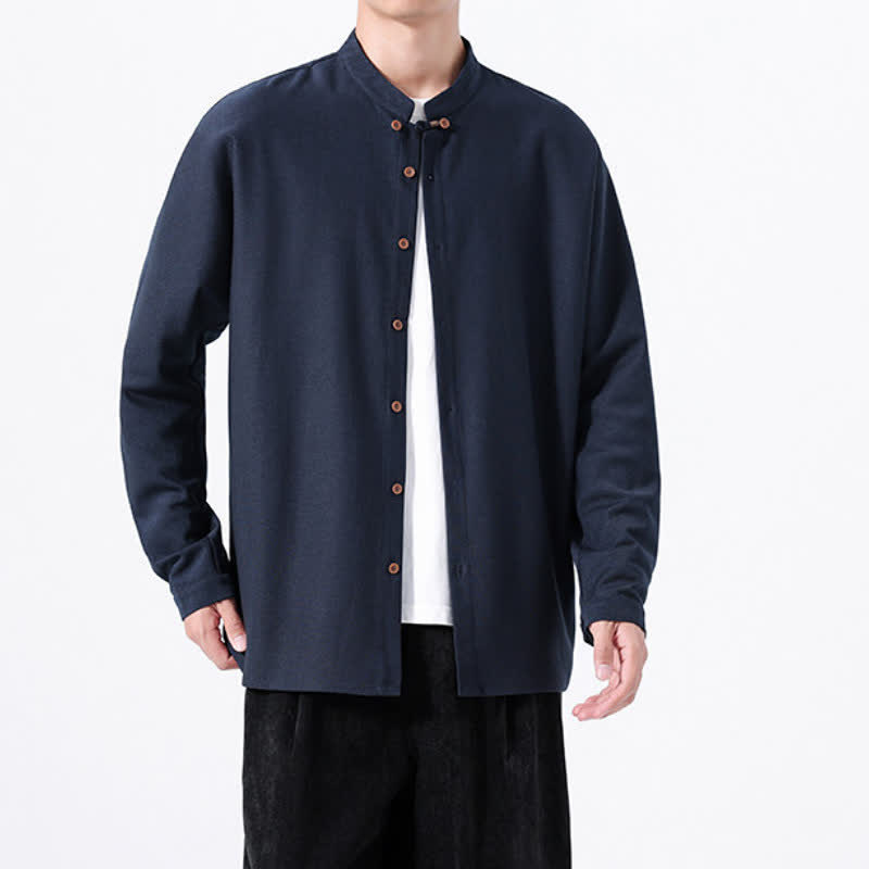 Buddha Stones Spring Casual Tang Style Button-Up Solid Men's Long Sleeve Shirts - image 5