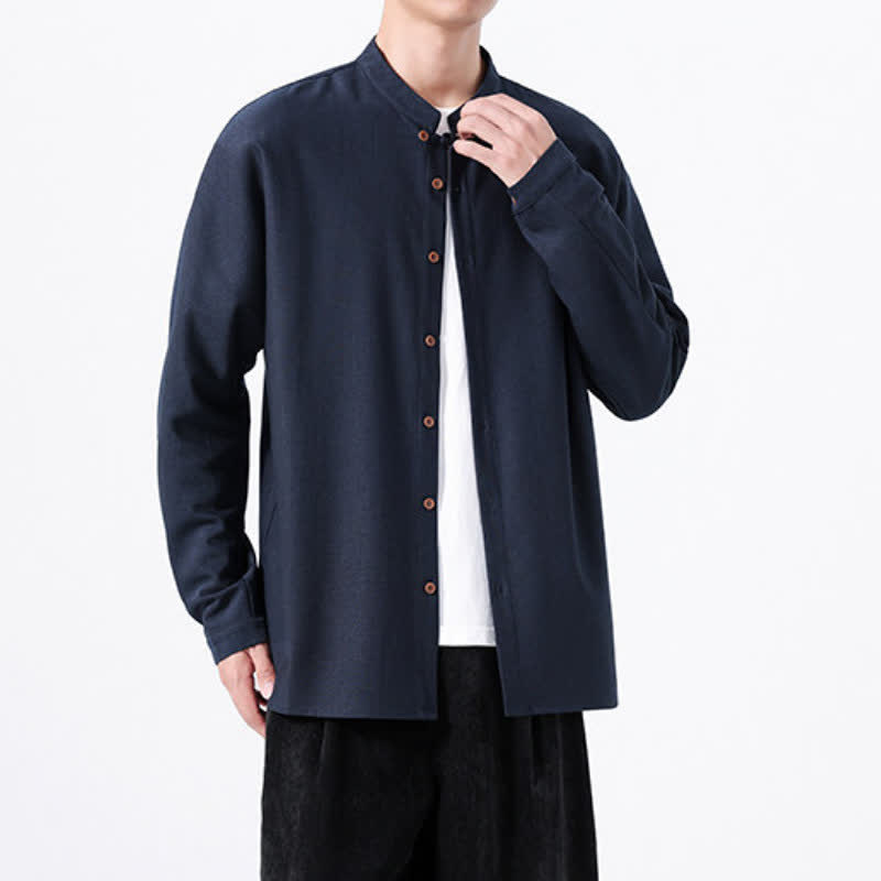 Buddha Stones Spring Casual Tang Style Button-Up Solid Men's Long Sleeve Shirts - image 1