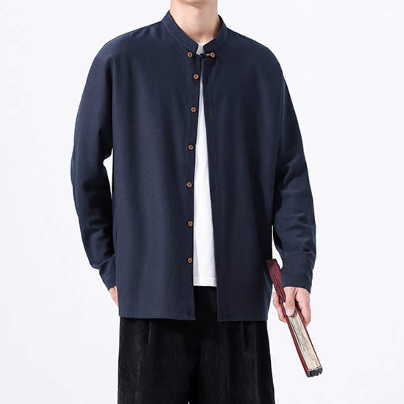 Buddha Stones Spring Casual Tang Style Button-Up Solid Men's Long Sleeve Shirts - image 7