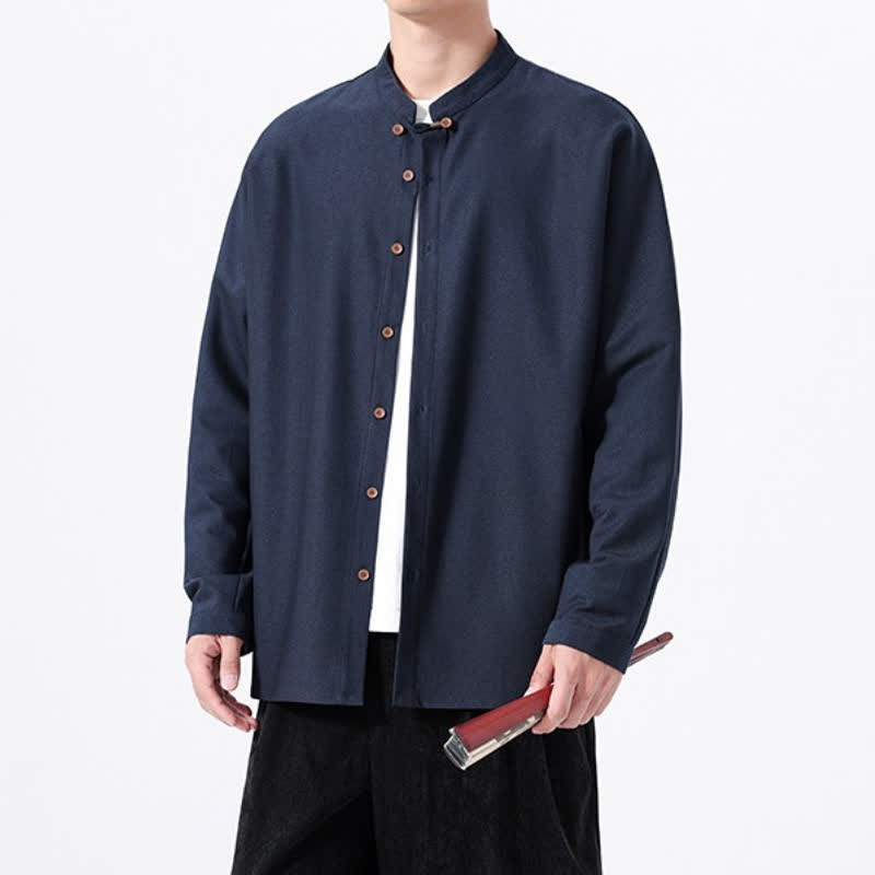 Buddha Stones Spring Casual Tang Style Button-Up Solid Men's Long Sleeve Shirts - image 2