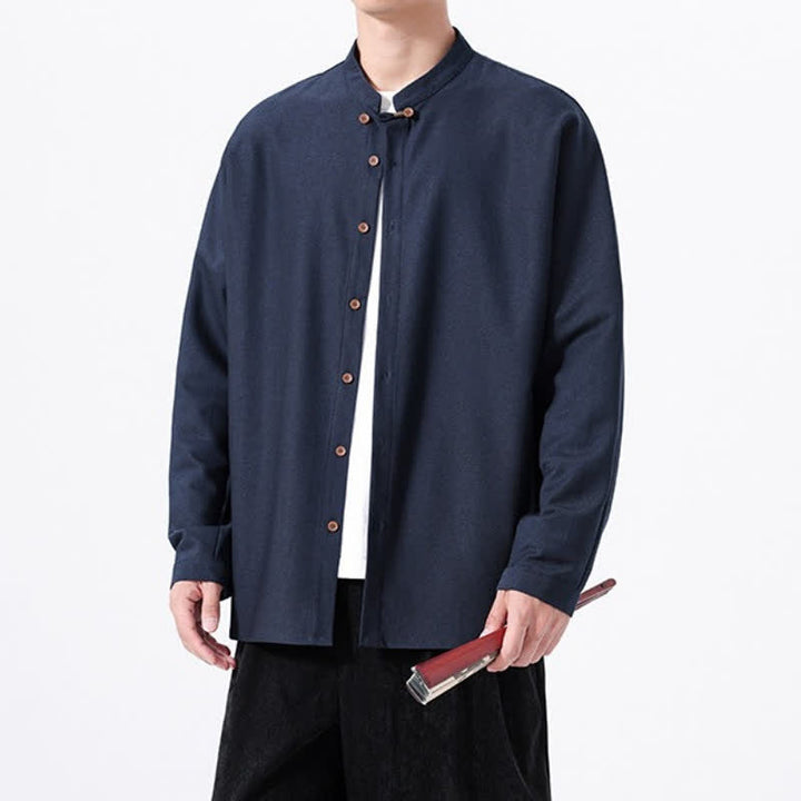 Buddha Stones Spring Casual Tang Style Button-Up Solid Men's Long Sleeve Shirts - image 2