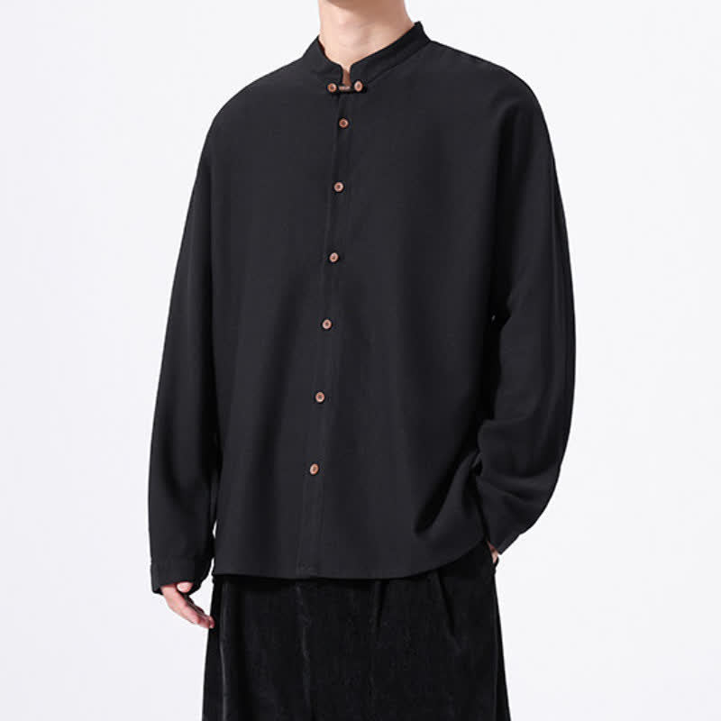 Buddha Stones Spring Casual Tang Style Button-Up Solid Men's Long Sleeve Shirts - image 11