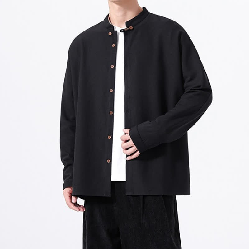 Buddha Stones Spring Casual Tang Style Button-Up Solid Men's Long Sleeve Shirts - image 13