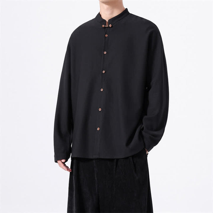 Buddha Stones Spring Casual Tang Style Button-Up Solid Men's Long Sleeve Shirts - image 15