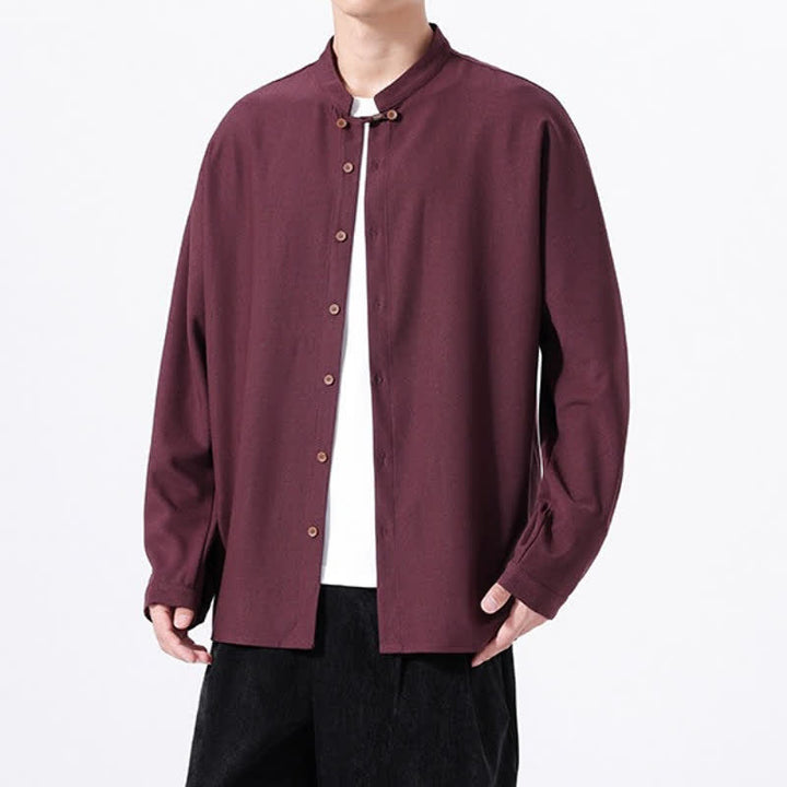 Buddha Stones Spring Casual Tang Style Button-Up Solid Men's Long Sleeve Shirts - image 23