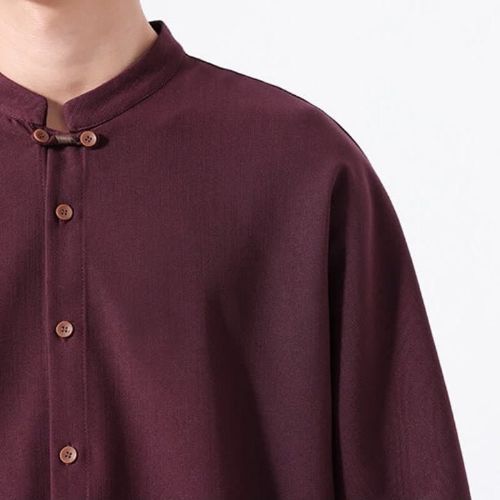 Buddha Stones Spring Casual Tang Style Button-Up Solid Men's Long Sleeve Shirts - image 26