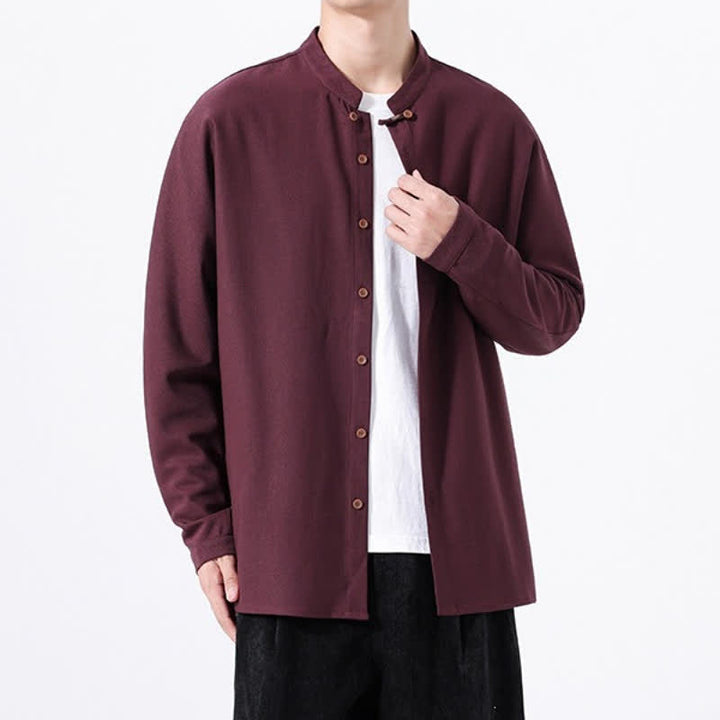 Buddha Stones Spring Casual Tang Style Button-Up Solid Men's Long Sleeve Shirts - image 21