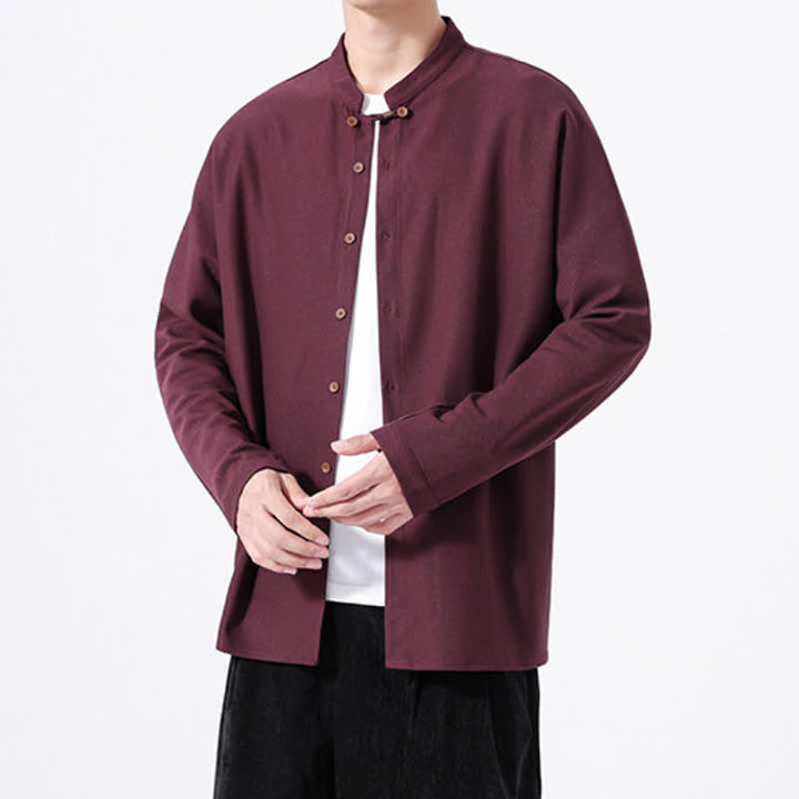 Buddha Stones Spring Casual Tang Style Button-Up Solid Men's Long Sleeve Shirts - image 18