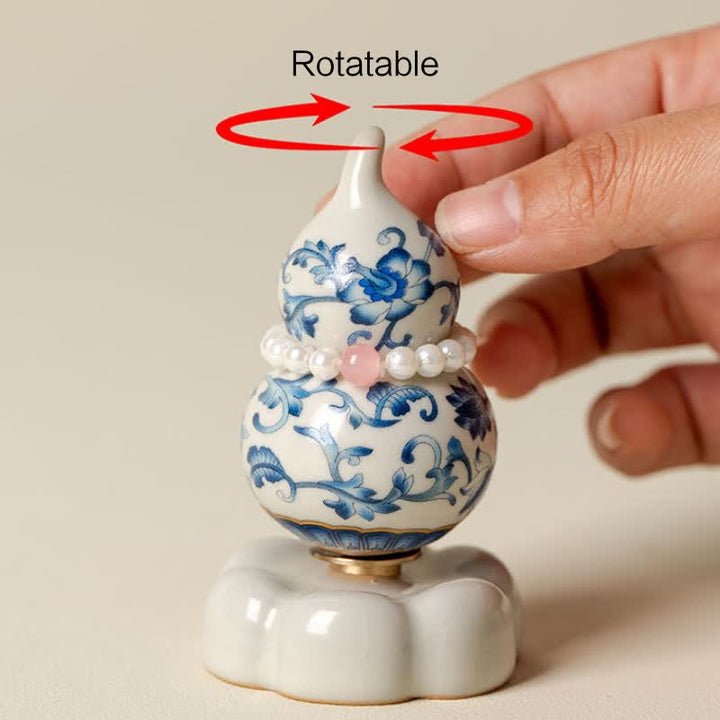 Buddha Stones Blue and White Ceramic Rotating Gourd Lotus Mindful Living Decor - image 5